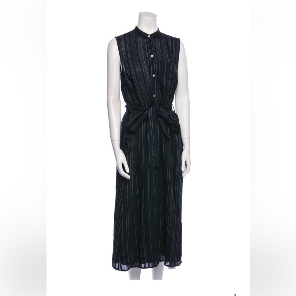 Vince Sleeveless Navy Pinstripe Tie-Waist Maxi Dress Sz Small